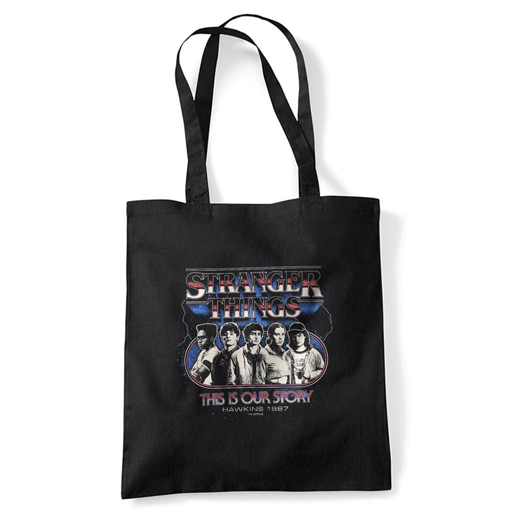 Stranger Things Retro Thunder Group Grocery Travel Reusable Tote Bag, Black