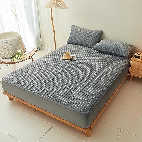 Gray Queen Quilted Flannel Fitted Sheets with Deep Pockets for Fall and Winter