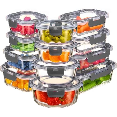 FineDine 24 Piece Premium Borosilicate Glass Meal Prep Containers Glass – Airtight Food Storage Containers with Lids, Hinged Locking Lid, BPA Free, For Meal Prep/Freezer/Oven