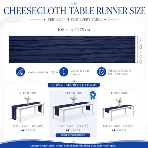 12 Pack Navy Blue Cheesecloth Table Runner 17x108 Inch Boho Rustic Semi Sheer Gauze Cheese Cloth Table Runner for Wedding Bridal Shower Baby Shower Party Farmhouse Dining Table Decor by GRYSERIN - Used condition - Image 3