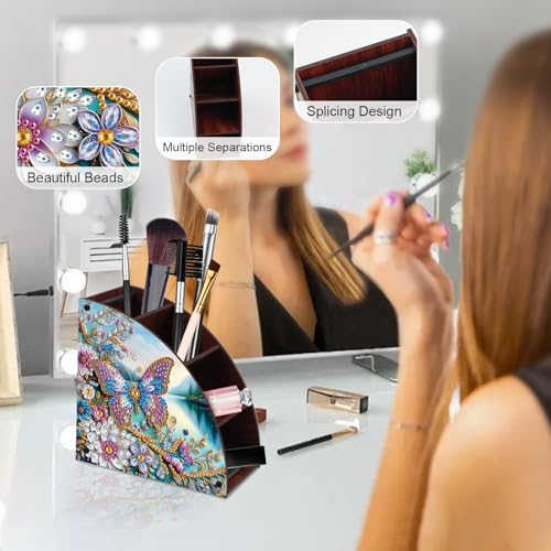 Image of Elegant Butterfly & Floral Diamond Painting Storage Box - Curved Multi-Compartment Wooden Organizer with DIY Diamond Art Decoration for Adults