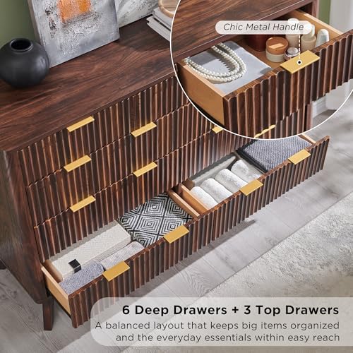 Image of T4TREAM Fluted 9 Drawers Dresser, 54 inch Wide Modern Chest of Drawers, Curved Profile Design, Dresser TV Stand, Wood Drawer Organizer for Bedroom, Living Room, Hallway, Dark Walnut
