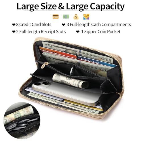 GAEKEAO Wallet for Women Embroidered Wallets Clutch RFID Blocking Leather Large Capacity Credit Card Holder Ladies Purses with Zipper Coins Pocket Khaki2