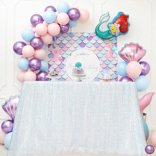 Poise3EHome White Iridescent Sequin Tablecloth 50x102 inch Sequin Iridescent Table Cover Sparkly Sheer Tablecloth for Wedding Mermaid Birthday Party Decorations