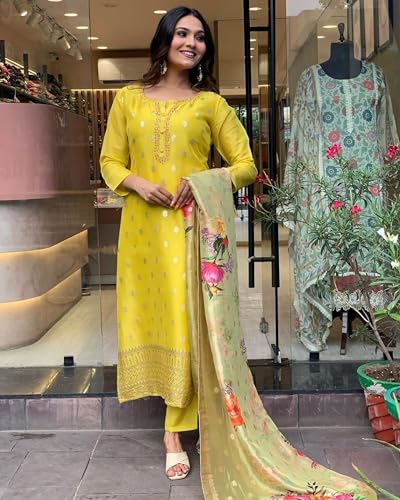 Image of Women's Viscose organza Solid 3 /4 Sleeve Round Neck Embroidered Kurta, Pant and Dupatta-Lemon-yellow-JT-045