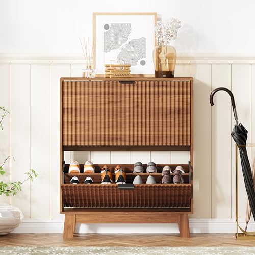 Image of Shoe Cabinet Storage for Entryway with 2 Flip Drawers, Fluted Narrow Shoe Organizer with Wooden Legs, Freestanding Slim Shoe Storage Hidden Shoe Rack Organizer for Front Door Entrance, Walnut