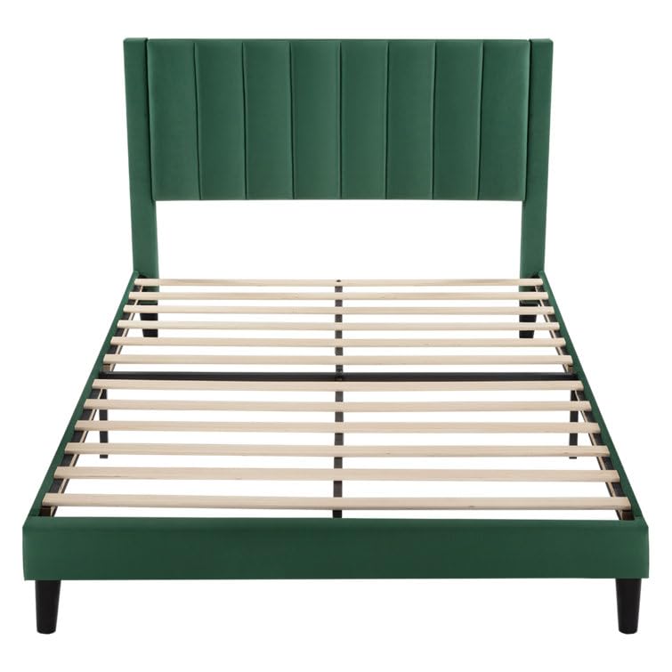 Image of HITHOS Modern Upholstered Queen Size Bed with Wingback Headboard | Wooden Double Bed Cot Palang Without Storage for Living Room Bedroom Home (Green) 1 Year Warranty