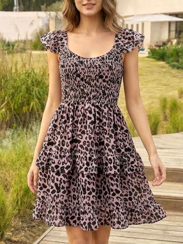 Image of Women Summer Dresses Casual Boho Smocked Ruffle Sun Beach Babydoll Mini Dress Layered Flowy Swing Dress