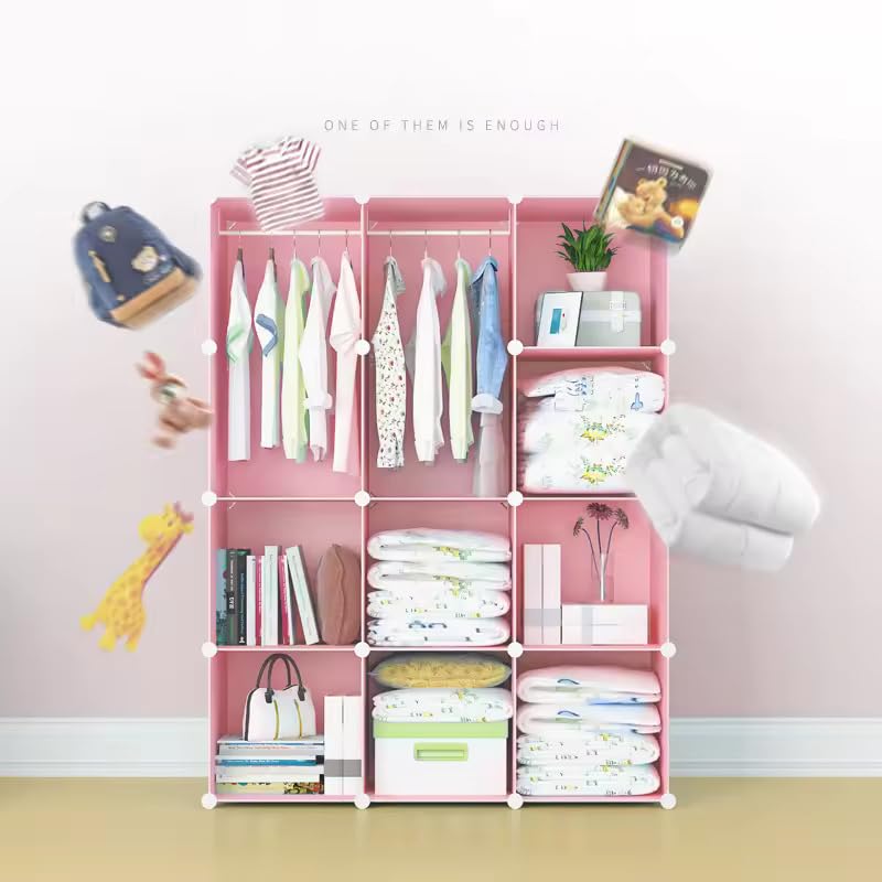 Image of Sunderlook Plastic Wardrobe for Kids Clothes - Collapsible Wardrobe, Easy to Use Anti-Skid & Non-Slip Effective Professional Foldable Plastic Cupboard for Kids, Home (Pink-C3, 12 Door)