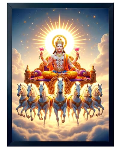 Image of ARTFUL TOY BOX - Surya Dev with Seven (7) Horses Photo Frame Wall Hanging | Divine Solar Chariot Design | Spiritual Surya Dev Painting | Glossy Finish | Premium Black Fiber Frame | Devotional Home Decor - 12x18 Inch (30x45 cm) (Design 2)