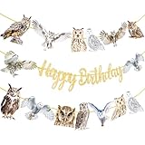 Owl Birthday Party Banners 3Pcs Owl Birthday Decorations Gold Glitter Happy Birthday Banners Woodland Themed Party Decorations for Woodland Forest Animal Baby Shower Supplies