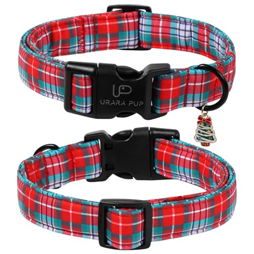 Image of Christmas Dog Collar, Red and Green Plaid Adjustable Pet Collar with Snowflake Charm, Holiday Dog Accessories for Small Medium Large Dogs