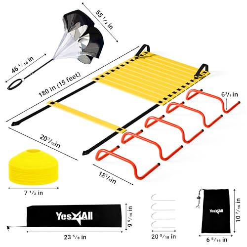 Yes4All Agility Ladder Speed Training Equipment Set - 1 Adjustable Agility Ladder, 12 Soccer Cones, 5 Hurdles, Jump Rope, Running Parachute - Speed & Agility Training Equipment for All Ages