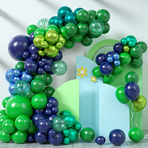 Teslite Balloon Arch Kit Blue and Green, Navy Blue Dark Green Balloon Garland Kit with Double Layer Chrome Blue Balloons, Metallic Green Blue, Green Confetti Balloons