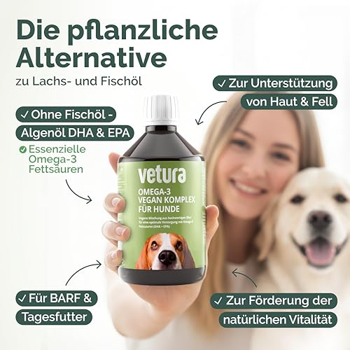 Vetura Omega-3 Vegan Komplex für Hunde | 500 ml | Pflanzliches Ergänzungsfuttermittel mit DHA, EPA & ALA | Mit Leinöl, Algenöl & Nachtkerzenöl | Für Haut, Fell & Vitalstoffversorgung | Made in Germany