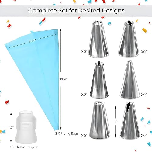 Comprehensive 10-Piece Icing Piping Bag Set with 6 Premium Stainless Steel Nozzles, 2 Silicone Bags, 1 Coupler, and 1 Cleaning Brush for Cake and Cupcake Decoration - Image 5