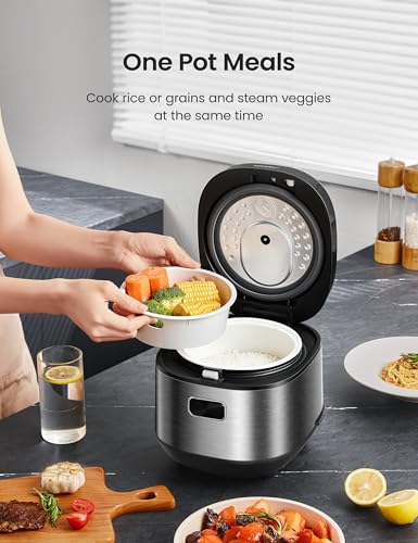 COMFEE' Compact Rice Cooker 8 Cups Cooked/4 Cups Uncooked, 9-in-1 Multi Cooker, Fast Rice Maker, Steam, Brown Rice, Grains, Fuzzy Logic Technology, Grey