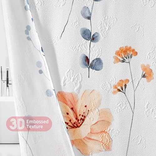 Image of QiyI Watercolor Floral Shower Curtain, 3D Embossed Butterflies Peach Pink Flower Bathroom Curtain, Minimalist White Cloth Bath Curtain, Waterproof Fabric Textured Shower Curtain Set with Hooks, 72x72
