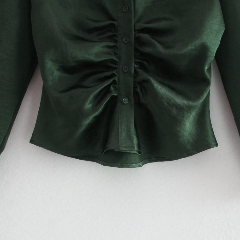 Bluse,Damen Vintage Grün Solide Cropped Revers Button Plissee Enge Sommer Blusen Langarm Schick Elegant Casual Stilvolle Tops Lose Büro Shirt