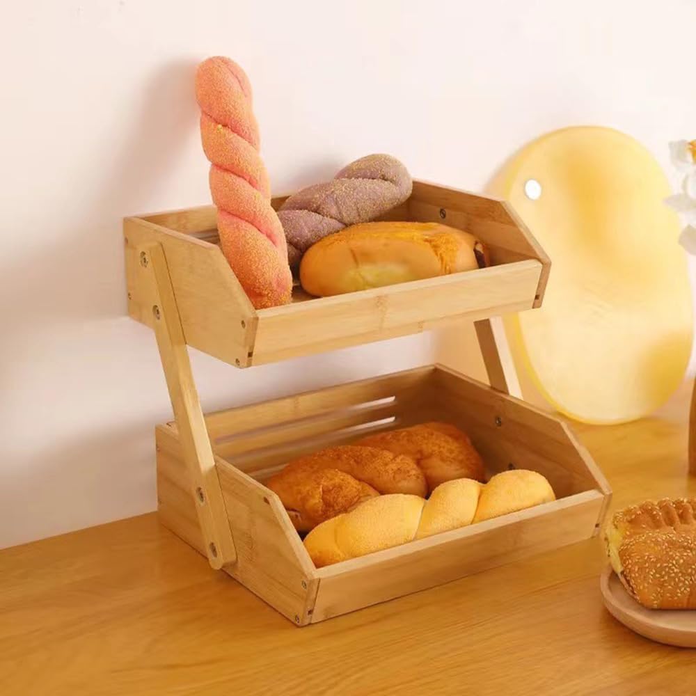 Bambusowy stojak na kosze na owoce, 2-poziomowy organizer kuchenny na blat, wielofunkcyjne przechowywanie owoców, warzyw, przekąsek, spiżarni biurowej, oszczędność miejsca