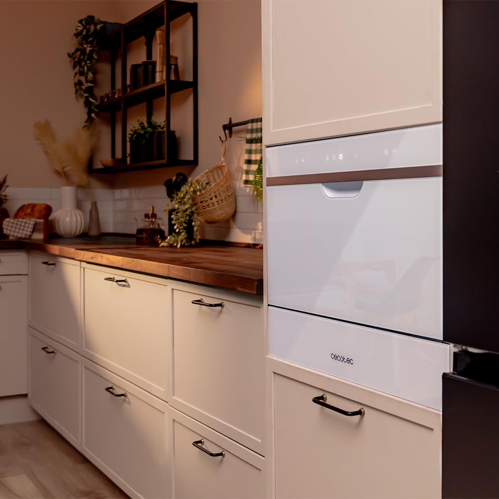 Cecotec Kompakte Teilintegrierbare Spülmaschine 6 Gedecke Bolero Aguazero 2500 S-BI Weißglas. 1380W, Weiße Glasoberfläche, Niedriger Verbrauch, 5 Programme, Touchpanel, Startzeitvorwahl
