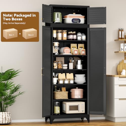 Image of Polup 90 inch Tall Metal Kitchen Pantry Storage Cabinet with Doors and Shelves | Black Heavy Duty Steel Cabinet,Golden Handle,5 Adjustable Shelves,Louvered Doors,Anti-tipping,2 packages,garage,Dining room