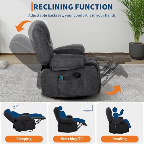 Image of Oversized Manual Swivel Recliner Chair for Adults, 360 Swivel Rocker Glider with Vibration Massage & Heat, Extra Wide Chenille Fabric Lazy Chair for Living Room Bedroom, Black Chenille