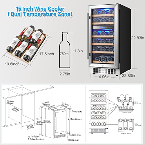 Aaobosi 15 Inch Wine Cooler Refrigerator, 【Upgraded】Dual Zone Wine Fridge 28 Bottles Built In Or Freestanding Compressor Cooler Wine Cellar With Temperature Memory, Fog Free, Front Vent,Safety Lock #TOP6