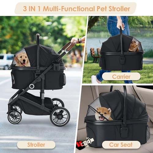 TODEFULL Pet Stroller with 4 Wheels, 3 IN 1 Folding Puppy Strollers for Small/Medium Dogs Cats up to 50lbs, Lightweight Pet Travel Carrier with Detachable Cushion, Storage Basket and Cup Holder, Black - Thumbnail 4