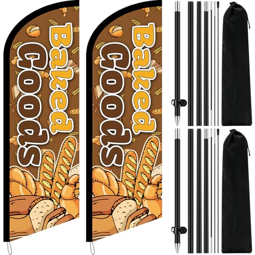 Remagr 2 Pcak 8.2 Feet Baked Goods Feather Flag Pole Kit, Bakery Advertising Flags for Outside Bread Swooper Feather Banner with Pole Kit and Ground Stake for Baking Shop Outdoor Advertising