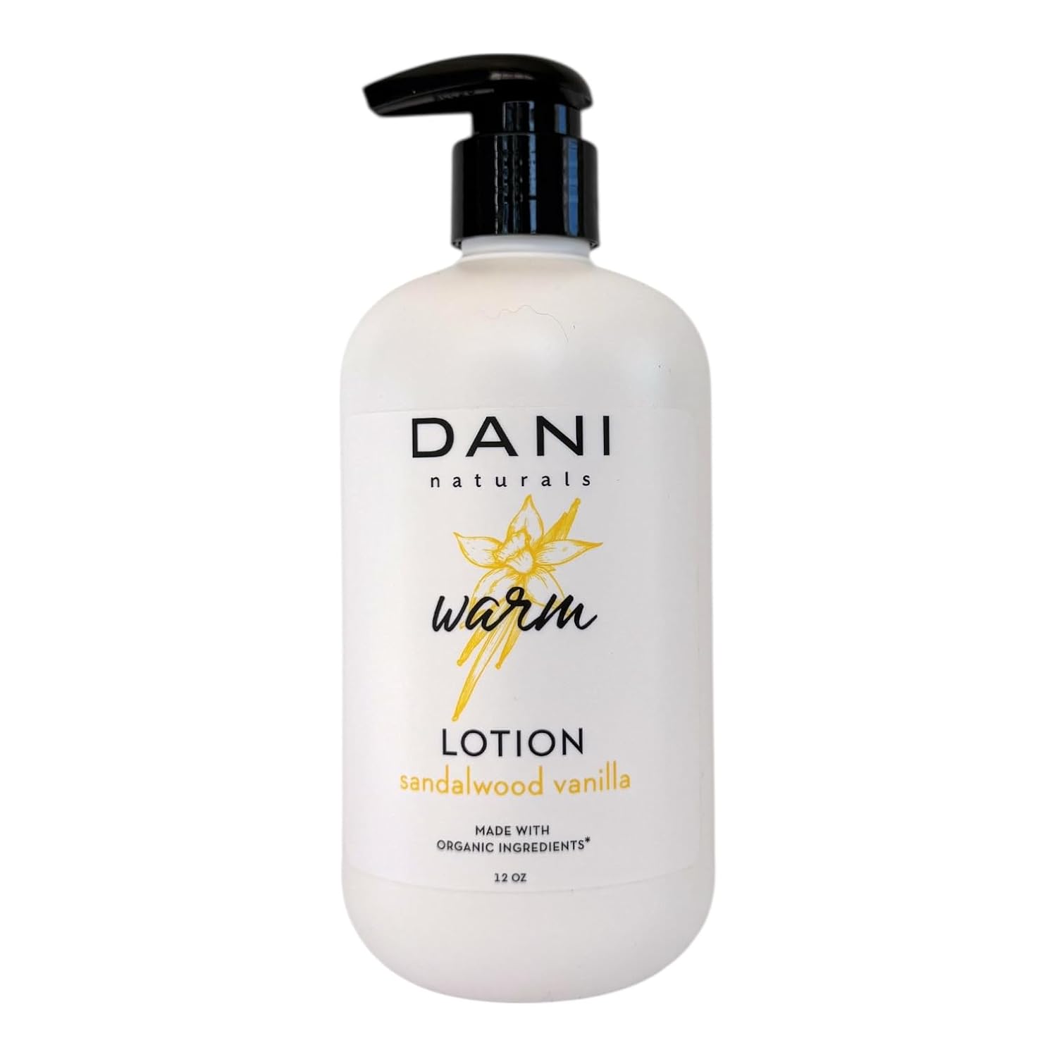 DANI Naturals Sandalwood Vanilla Hydrating Lotion, Vegan, Paraben-Free, Made with Organic Ingredients, 12 fl oz