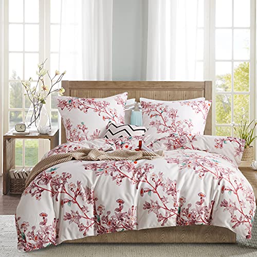 Gezu Housse de Couette 220x240cm Fleurs Fleurie Rose Blanc Parure de Lit avec 2 Taie d'oreiller 65x65cm avec Fermeture Éclair Microfibre Sets de Housse de Couette 2 Personnes