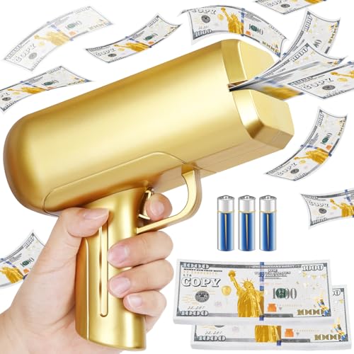 Gold Money Gun Shooter and 201 PCS Props (No Real Function) and 3 AA Batteries, Money Gun Paper Playing Spary Paper Handheld Money Thrower Gun Fun Toy Money Shooter Gun for Movie Photo Partys