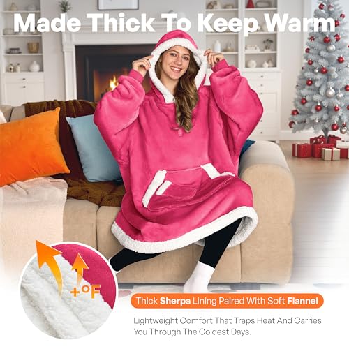 Image of Giggling Getup Wearable Blanket Hoodie for Women Men Gifts for Women Mom Wife Sherpa Fleece Hooded Blanket Sweatshirt Cozy Sherpa Wearable Throw with Pocket & Sleeves for Adult Oversize Bright Pink