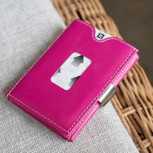 Image of LLH Leather Trifold Wallet - RFID Blocking with Stainless Steel Locking Clip Wallet, Minimalist Front Pocket RFID Blocking Credit Card Holder (Pink)