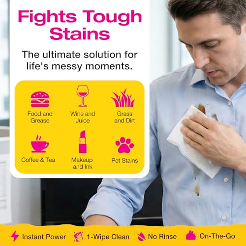 Image of Stain Remover Wipes, 100 Count, Individually Wrapped, Instant Stain Remover | For clothes, fabric & jackets, No-rinse cleaner, Portable for travel, purse & diaper bag, Removes grease, food & more
