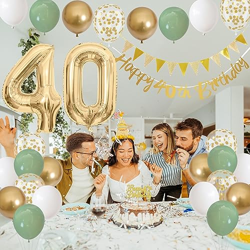 Image of 40th Birthday Decorations for Women, Sage Green White Gold 1986 Happy 40th Birthday Decorations, 40 Years Old Decoration Include Banner Garland Balloon Cake Topper Decor