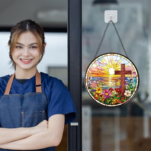 Rngmsi Cross Flower Stained Glass Window Hanging Gift, 7.8″ Sun Catchers Indoor Window Decor, Decorative Suncatchers Home Garden Art Religious Gift for Thanksgiving Christmas Housewarming by Rngmsi - Image 5