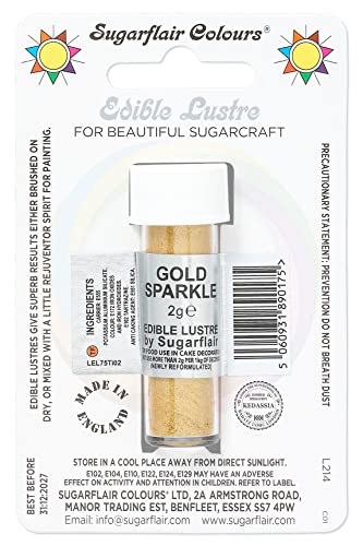 Sugarflair Gold Sparkle Edible Lustre Dust (E171 Free), Add a Lustrous Shine to Cakes or Decorations. Brush On or Add Rejuvenator to Create Eye-Catching Edible Paint- 2g