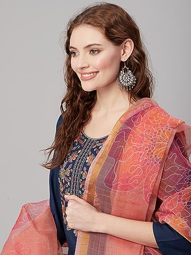 Image of GoSriKi Women's Cotton Blend Straight Embroidered Kurta with Pant & Dupatta