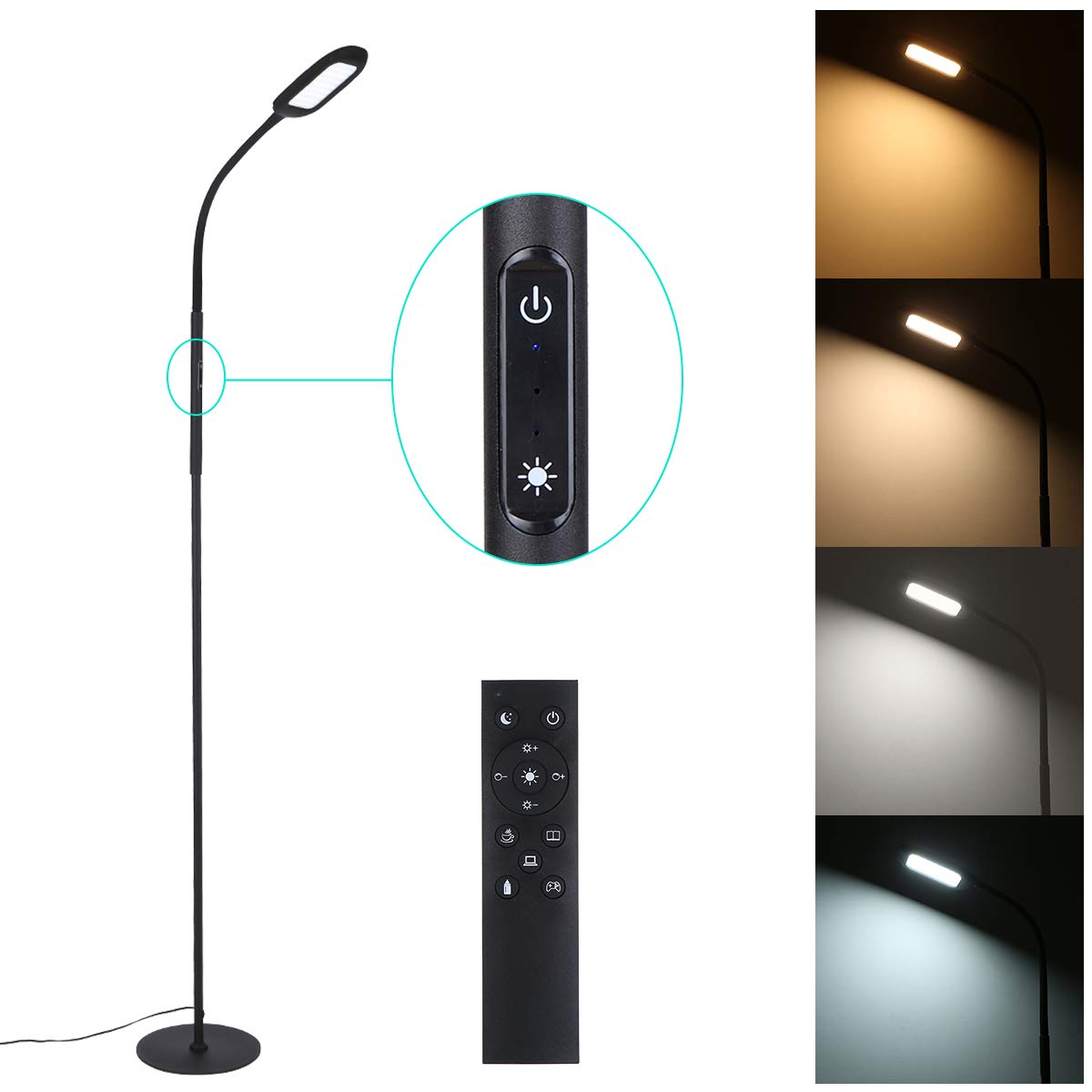 Piantana Lampada da Terra 1.6M, Lampada da Terra LED Dimmerabile 10W 1500LM, 3000K/4000K/5000K/6000K,Touch e Telecomando,Collo d'oca Regolabile,Piantana LED per Camera da Letto Soggiorno Ufficio- Nero
