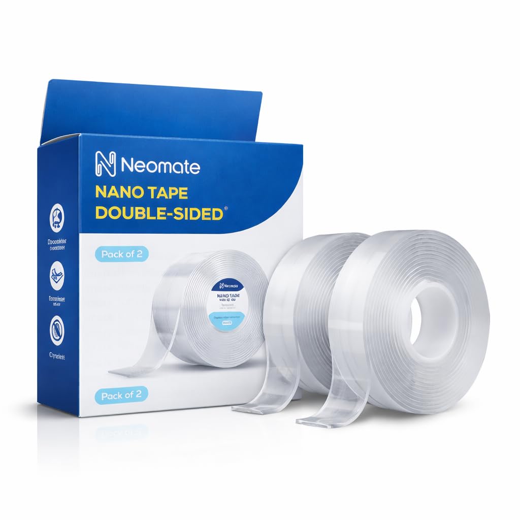 Neomate Nastro biadesivo resistente | Confezione da 2 | Nastro adesivo forte trasparente per pareti, poster, tappeti, uso domestico e ufficio