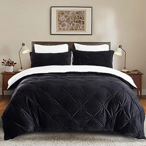 Lanqinglv Juego de funda de edredón 200 x 200 cm, franela, forro polar de sherpa, invierno, cálido, esponjoso, ropa de cama, para cama doble, negro / blanco, reversible, con pin tuck, para niñas