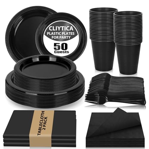 Image of CLIYTICA Black Plastic Plates for Party,50 Guest Disposable Plastic Plate Set 9" Plates,7" Dessert Plates,Napkins,Cups,Forks & Tablecloth for Birthday,Halloween,Christmas Parties,Graduations