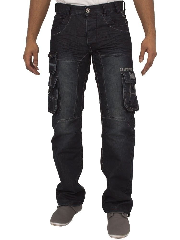 Mens New EZ319 Dark WASH Cargo Combat Style Jeans Pants Stylish Sizes 30-40