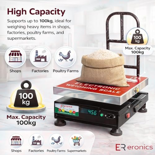 Image of Stainless steel 304 top,100kg capacity Digital Weighing Machine /Scale for Shops, Factories & Poultry | Heavy Duty with Dual Bright Display for Industrial,Platform scale, Supermarkets,