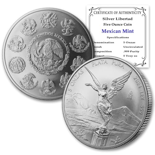 2024-5 oz Mexican Silver Libertad Coin Brilliant Uncirculated with Certificate of Authenticity - Moneda de Plata Pura de Ley 5 Onza Seller BU
