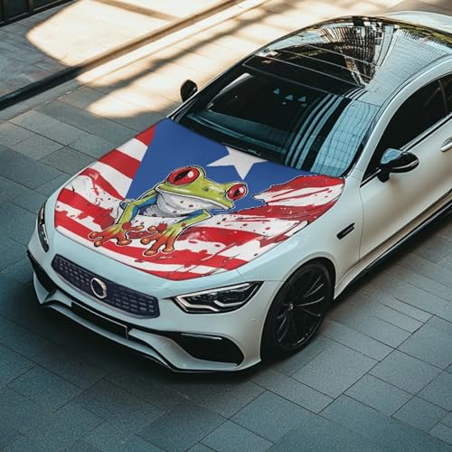 Image of Renewold Puerto Rico Flag Frog, Car Hood Cover Protector, Vehicle Hood Wrap Blanket, Women Men Automotive Exterior Accessories, Elastic for Outdoor Indoor