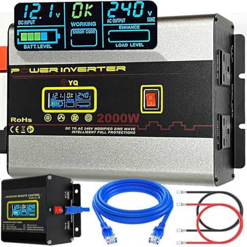 YQ 2000W 4000W (Peak) DC 12V to AC 240V Power Inverter Converter USB LCD Remote Control for Caravan Campers Motorhome Microwave