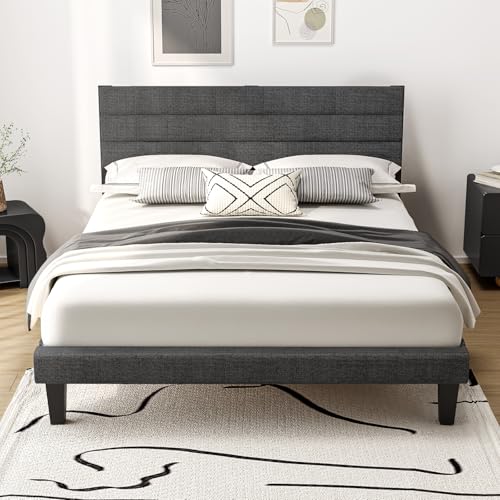 Bonnlo 5ft King Bed Frame Noise-Free Upholstered Platform Bed with Adjustable Headboard & Under Bed Storage - Sturdy Wooden Slat Support-No Box Spring Needed Linen-like Fabric Light Grey 150x200 cm